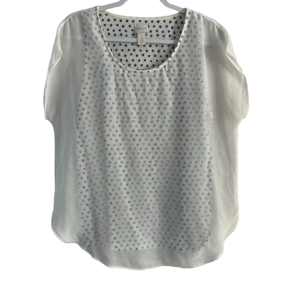 Chico's Layered Chiffon White Black Polka Dot‎ Semi Sheer Short Sleeve Size 1 M